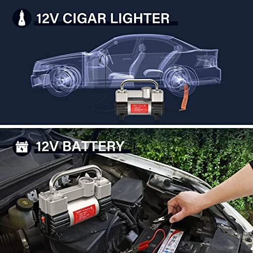 GSPSCN Silver Tire Inflator Heavy Duty Double Cylinders with Portable Bag- Car Accessories，Metal 12V Air Compressor Pump 150PSI with Adapter for Car, Truck, SUV Tires, Dinghy, Air Bed etc - 5