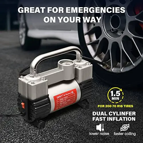GSPSCN Silver Tire Inflator Heavy Duty Double Cylinders with Portable Bag- Car Accessories，Metal 12V Air Compressor Pump 150PSI with Adapter for Car, Truck, SUV Tires, Dinghy, Air Bed etc - 6