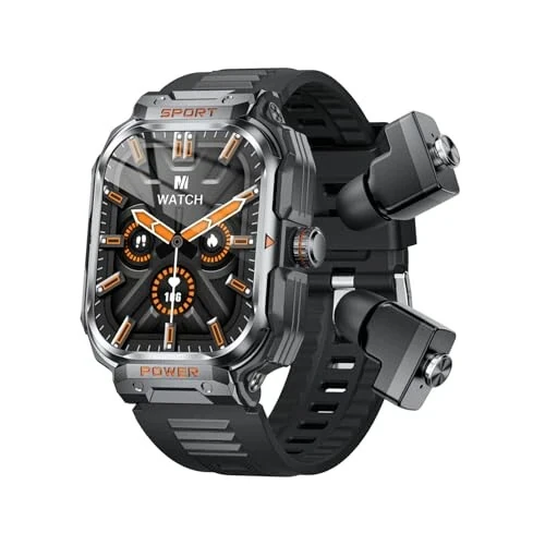 GT55 Military Smart Watch with Earbuds Rugged Tactical Smartwatch with TWS Headset Bluetooth Call Outdoor Sports Fitness Activity Tracker Health Monitor Music Watch for iPhone Android (Black) - 1