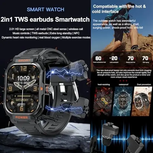 GT55 Military Smart Watch with Earbuds Rugged Tactical Smartwatch with TWS Headset Bluetooth Call Outdoor Sports Fitness Activity Tracker Health Monitor Music Watch for iPhone Android (Black) - 2