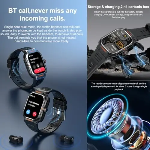 GT55 Military Smart Watch with Earbuds Rugged Tactical Smartwatch with TWS Headset Bluetooth Call Outdoor Sports Fitness Activity Tracker Health Monitor Music Watch for iPhone Android (Black) - 4