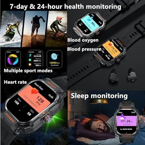 GT55 Military Smart Watch with Earbuds Rugged Tactical Smartwatch with TWS Headset Bluetooth Call Outdoor Sports Fitness Activity Tracker Health Monitor Music Watch for iPhone Android (Black) - 5