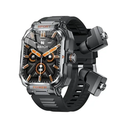 GT55 Harbiy Smart Watch quloqchinlar bilan Chidamli Taktik Smartwatch TWS гарнитураси Bluetooth qo'ng'iroq ochiq havoda sport Fitness Activity Tracker Sog'liqni saqlash Monitoringi Musiqa soati iPhone Android uchun (Qora) - GT55
