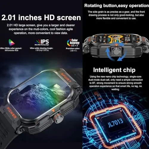 GT55 Harbiy Smart Watch quloqchinlar bilan Chidamli Taktik Smartwatch TWS гарнитураси Bluetooth qo'ng'iroq ochiq havoda sport Fitness Activity Tracker Sog'liqni saqlash Monitoringi Musiqa soati iPhone Android uchun (Qora) - 3