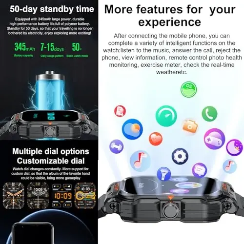 GT55 Harbiy Smart Watch quloqchinlar bilan Chidamli Taktik Smartwatch TWS гарнитураси Bluetooth qo'ng'iroq ochiq havoda sport Fitness Activity Tracker Sog'liqni saqlash Monitoringi Musiqa soati iPhone Android uchun (Qora) - 6
