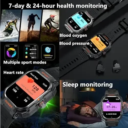 GT55 Military Smart Watch with Earbuds Rugged Tactical Smartwatch with TWS Headset Bluetooth Call Outdoor Sports Fitness Activity Tracker Health Monitor Music Watch for iPhone Android (Black) - 5