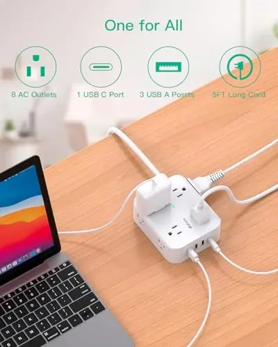 Power Strip Surge Protector - Flat Plug, 8 Wide Outlets with 4 USB Ports (1 USB C), 5FT Heavy Duty Extension Cord with Multiple Outlets, Wall Mount, Charging Station Overload Protection for Home Dorm - 2