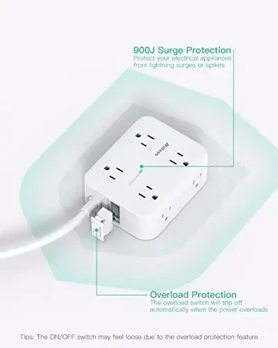 Power Strip Surge Protector - Flat Plug, 8 Wide Outlets with 4 USB Ports (1 USB C), 5FT Heavy Duty Extension Cord with Multiple Outlets, Wall Mount, Charging Station Overload Protection for Home Dorm - 6