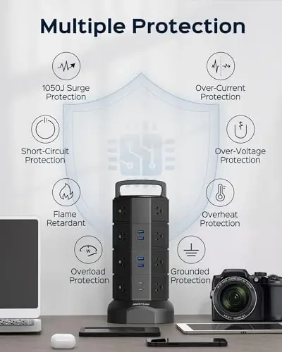 Power Strip Tower Surge Protector, JACKYLED 16 Outlets 6 USB (2 USB C) Charging Station, Extension Cord with Multiple Outlets, 1050J 1625W/13A Outlet Extender 6.5ft Extension Cord for Home Office - 5