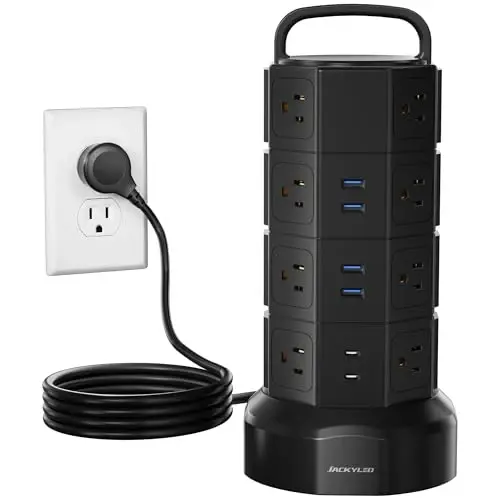 Power Strip Tower Surge Protector, JACKYLED 16 Outlets 6 USB (2 USB C) Charging Station, Extension Cord with Multiple Outlets, 1050J 1625W/13A Outlet Extender 6.5ft Extension Cord for Home Office - 1