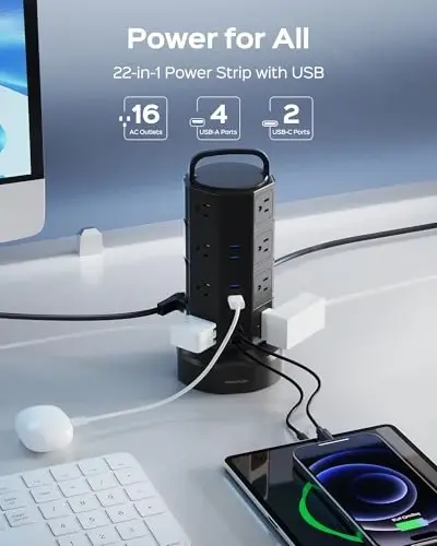 Power Strip Tower Surge Protector, JACKYLED 16 Outlets 6 USB (2 USB C) Charging Station, Extension Cord with Multiple Outlets, 1050J 1625W/13A Outlet Extender 6.5ft Extension Cord for Home Office - 2