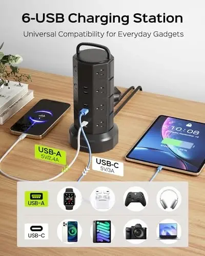 Power Strip Tower Surge Protector, JACKYLED 16 Outlets 6 USB (2 USB C) Charging Station, Extension Cord with Multiple Outlets, 1050J 1625W/13A Outlet Extender 6.5ft Extension Cord for Home Office - 5