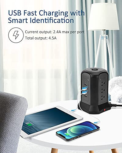 Power Strip Tower Surge Protector, SUPERDANNY Desktop Charging Station, 10 Ft Extension Cord, 9 Outlets, 4 USB Ports, 1080 Joules, 3-Prong, Grounded, Multiple Protections for Home, Office, Black - 14