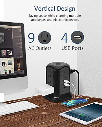 Power Strip Tower Surge Protector, SUPERDANNY Desktop Charging Station, 10 Ft Extension Cord, 9 Outlets, 4 USB Ports, 1080 Joules, 3-Prong, Grounded, Multiple Protections for Home, Office, Black - 18