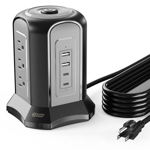 Power Strip Tower Surge Protector, SUPERDANNY Desktop Charging Station, 10 Ft Extension Cord, 9 Outlets, 4 USB Ports, 1080 Joules, 3-Prong, Grounded, Multiple Protections for Home, Office, Black - 7