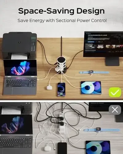 Power Strip Tower Surge Protector, JACKYLED 12 Outlets 6 USB (2 USB C) Charging Station, Extension Cord with Multiple Outlets, 1050J 1625W/13A Outlet Extender 6.5ft Extension Cord for Home Office - 6