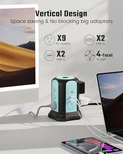 Power Strip Tower Surge Protector, SUPERDANNY Desktop Charging Station, 10 Ft Extension Cord, 9 Outlets, 4 USB Ports, 1080 Joules, 3-Prong, Grounded, Multiple Protections for Home, Office, Blue - 3