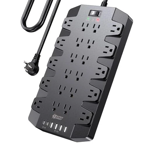 Power Strip, SUPERDANNY Surge Protector with 22 AC Outlets, 2 USB-C and 4 USB Ports, 1875W/15A, 2100J, 6.5Ft Extension Cord Surge Protector Power Strip with Wall Mount Holes for Home, Office, Dorm 