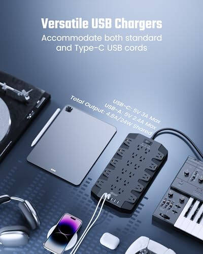 Power Strip, SUPERDANNY Surge Protector with 22 AC Outlets, 2 USB-C and 4 USB Ports, 1875W/15A, 2100J, 6.5Ft Extension Cord Surge Protector Power Strip with Wall Mount Holes for Home, Office, Dorm - 4