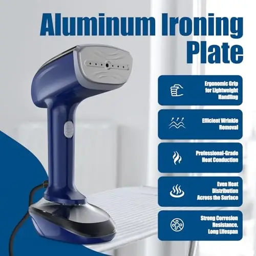 Powerful Handheld Fabric Steamer - 1800W with Fast Ceramic Heat-Up Plate, 2-in-1 Ironing & Wrinkle Remover, Steam Nozzle, Lint Brush - Blue, for US 120V Only - 4