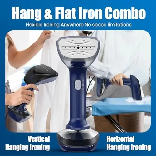 Powerful Handheld Fabric Steamer - 1800W with Fast Ceramic Heat-Up Plate, 2-in-1 Ironing & Wrinkle Remover, Steam Nozzle, Lint Brush - Blue, for US 120V Only - 3