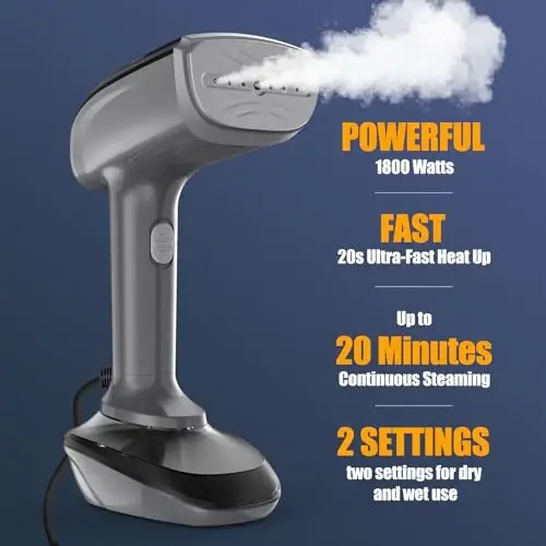 Powerful Handheld Fabric Steamer - 1800W with Fast Ceramic Heat-Up Plate, 2-in-1 Ironing & Wrinkle Remover, Steam Nozzle, Lint Brush - Gray, for US 120V Only - NTAYDZSW (1)