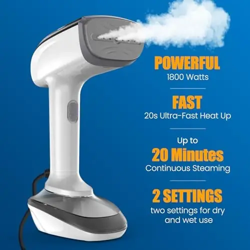 Powerful Handheld Fabric Steamer - 1800W with Fast Ceramic Heat-Up Plate, 2-in-1 Ironing & Wrinkle Remover, Steam Nozzle, Lint Brush - White, for US 120V Only - 2