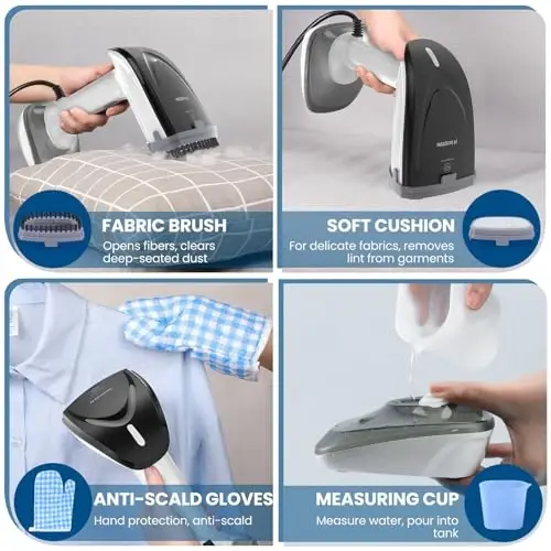 Powerful Handheld Fabric Steamer - 1800W with Fast Ceramic Heat-Up Plate, 2-in-1 Ironing & Wrinkle Remover, Steam Nozzle, Lint Brush - White, for US 120V Only - 3