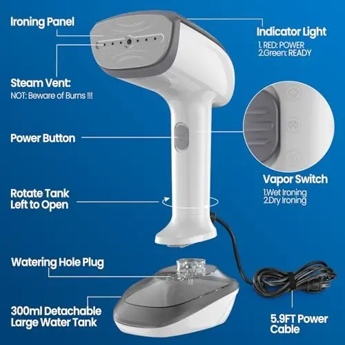 Powerful Handheld Fabric Steamer - 1800W with Fast Ceramic Heat-Up Plate, 2-in-1 Ironing & Wrinkle Remover, Steam Nozzle, Lint Brush - White, for US 120V Only - 4
