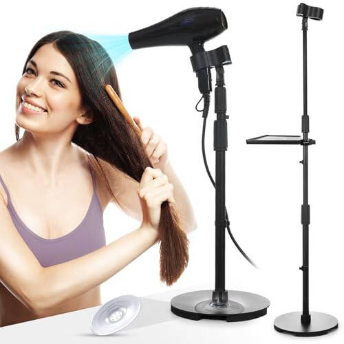 Hands-Free Hair Dryer Stand Holder with Strong Suction Base-63in/160cm Height Adjustable Floor Blower Stand Holder, 180 Degrees Rotatable Larger Clamp Countertop Blow Dryer Stand for Salons or Home Use - 1