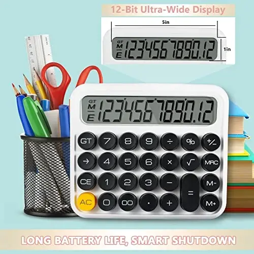 GUDTEKE Mechanical Switch Calculator, Desktop Calculator 12 Digit Large LCD Display Big Button Calculator for Christmas White Clear Standard for Daily and Basic Office Use, Automatic Sleep, Battery Operated - 5
