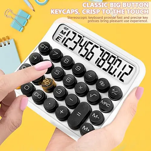 GUDTEKE Mechanical Switch Desktop Calculator - 12 Digit Large LCD Display, Big Button, Automatic Sleep, Battery Operated - MODAZONE (1)