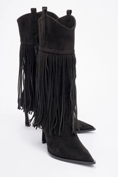 GUERAS Black Suede Tassel Pointed Toe Women's Heel Boots - LUVISHOES