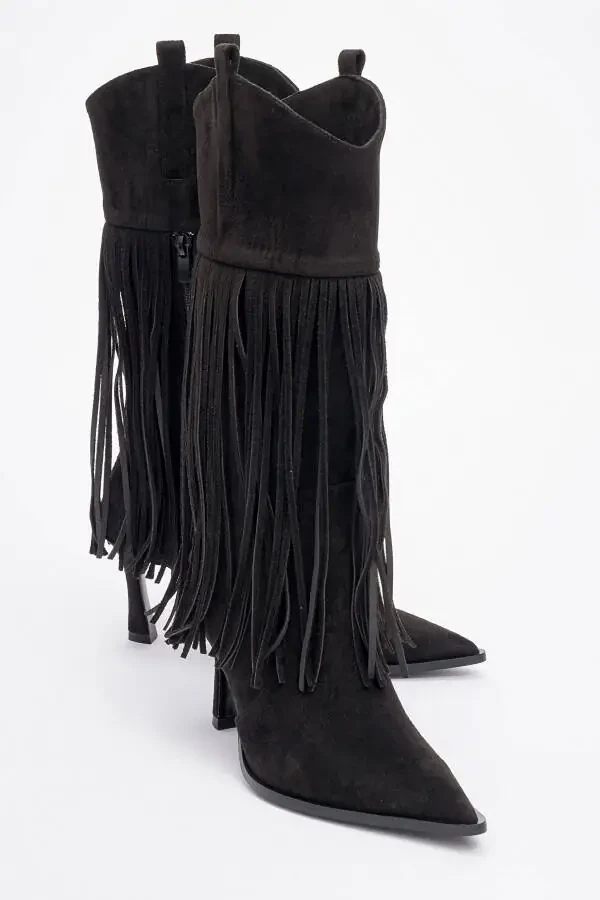 GUERAS Black Suede Tassel Pointed Toe Women's Heel Boots - 1