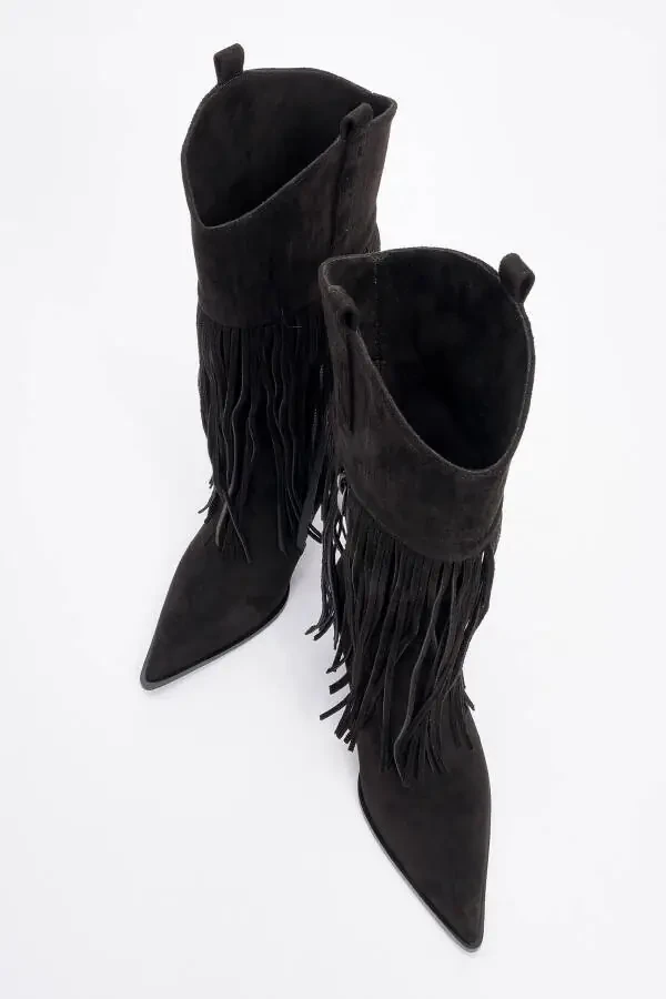 GUERAS Black Suede Tassel Pointed Toe Women's Heel Boots - 2