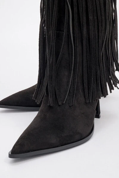 GUERAS Black Suede Tassel Pointed Toe Women's Heel Boots - 3