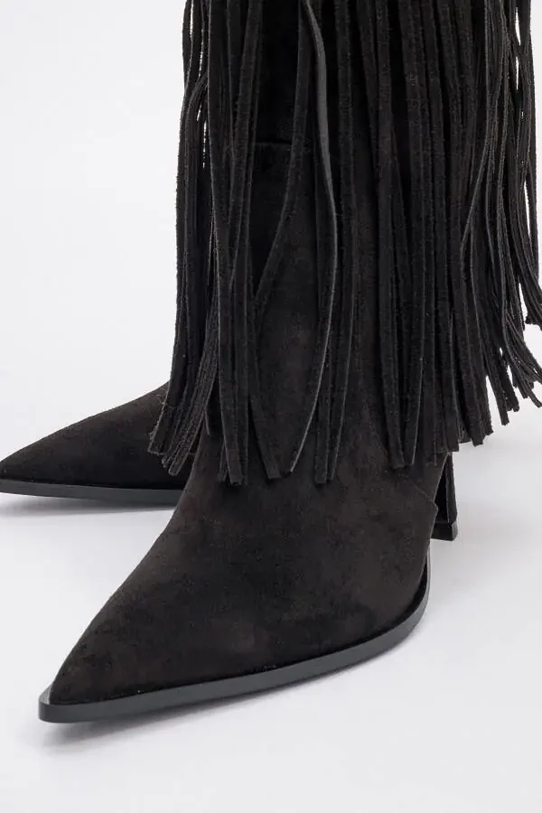 GUERAS Black Suede Tassel Pointed Toe Women's Heel Boots - 3