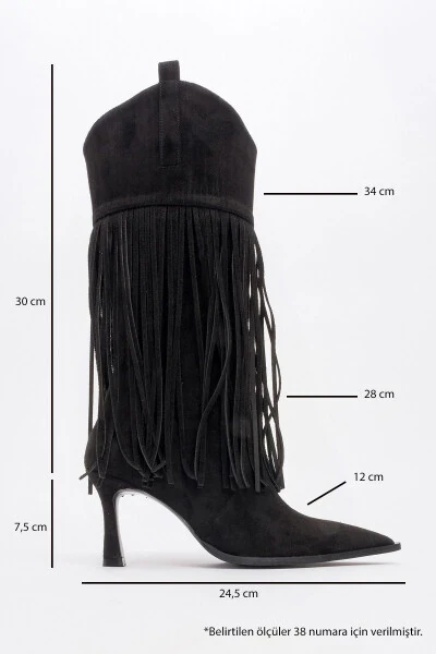GUERAS Black Suede Tassel Pointed Toe Women's Heel Boots - 4