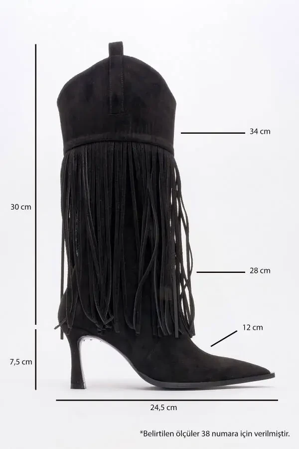 GUERAS Black Suede Tassel Pointed Toe Women's Heel Boots - 4