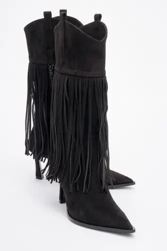 GUERAS Black Suede Tassel Pointed Toe Women's Heel Boots - 2