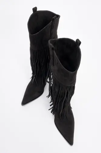 GUERAS Black Suede Tassel Pointed Toe Women's Heel Boots - 3