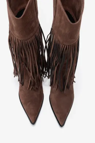 GUERAS Kahverengi Süet Püsküllü Sivri Burun Kadın Topuklu Çizme-Kahverengi Süet - 2