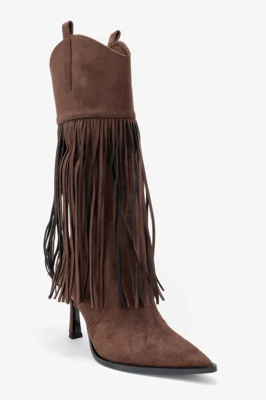 GUERAS Kahverengi Süet Püsküllü Sivri Burun Kadın Topuklu Çizme-Kahverengi Süet - 3