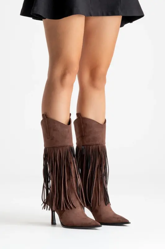 GUERAS Kahverengi Süet Püsküllü Sivri Burun Kadın Topuklu Çizme-Kahverengi Süet - 7