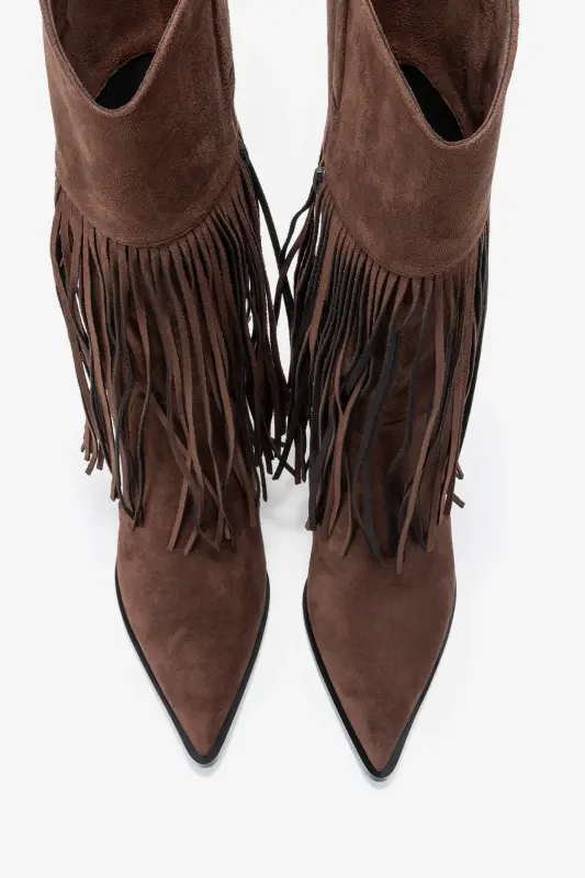 GUERAS Kahverengi Süet Püsküllü Sivri Burun Kadın Topuklu Çizme-Kahverengi Süet - 2