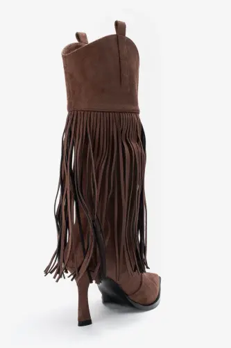 GUERAS Kahverengi Süet Püsküllü Sivri Burun Kadın Topuklu Çizme-Kahverengi Süet - 5