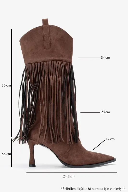GUERAS Kahverengi Süet Püsküllü Sivri Burun Kadın Topuklu Çizme-Kahverengi Süet - 6