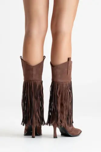 GUERAS Kahverengi Süet Püsküllü Sivri Burun Kadın Topuklu Çizme-Kahverengi Süet - 8