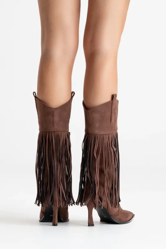 GUERAS Kahverengi Süet Püsküllü Sivri Burun Kadın Topuklu Çizme-Kahverengi Süet - 8