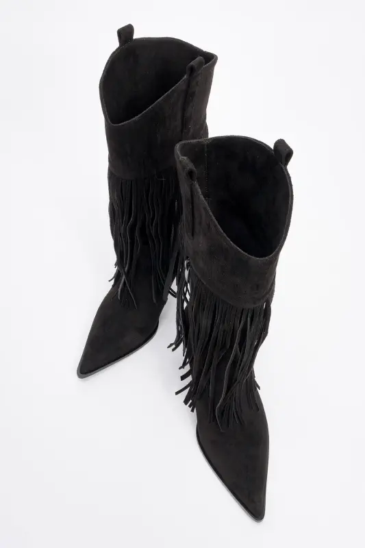GUERAS Qora zamshdan yasalgan, cho'tkali, uchli burunli, ayollar uchun poshnalik etiklar - 3